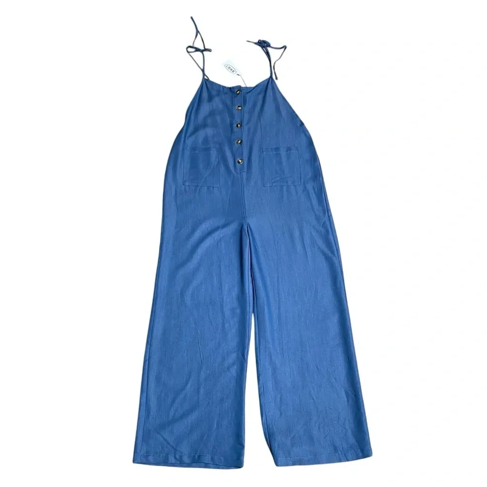 Cider Blue Chambray Jumpsuit M NWT Tie Straps Wide Leg Pockets Summer - Picture 2 of 11